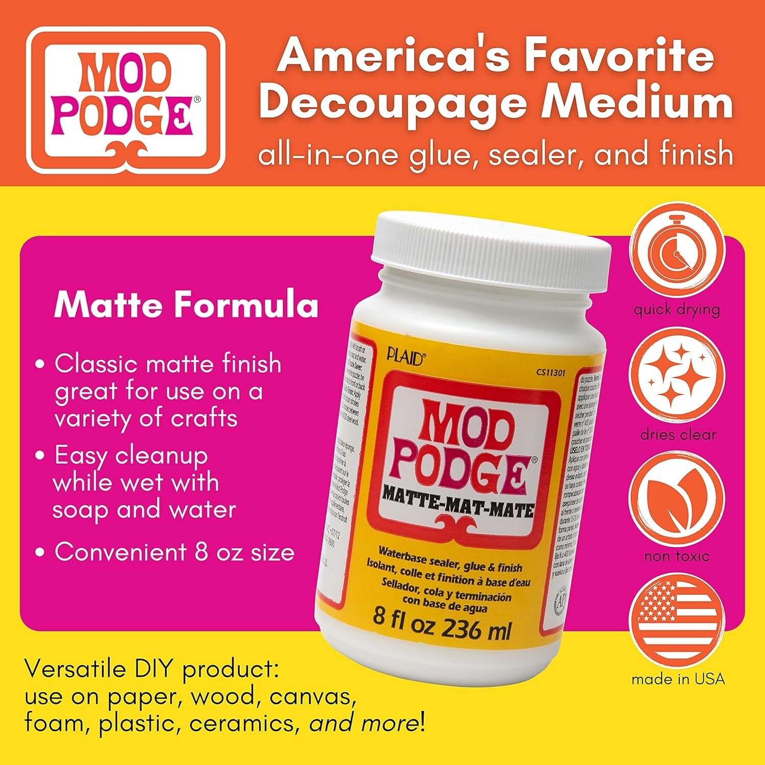 Mod Podge Matte Sealer, Glue & Finish: All-in-One Craft Solution- Quick Dry, ...