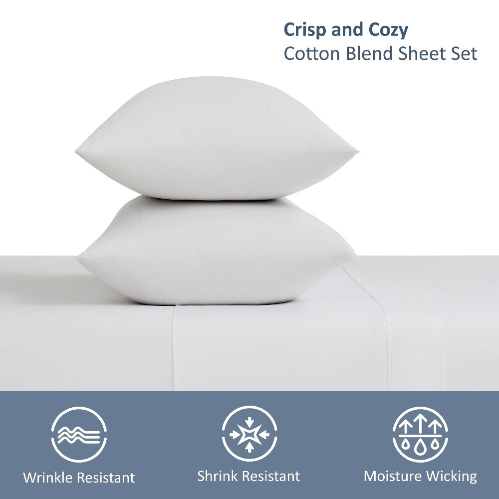 White Cotton Blend Percale Pillowcase Set Standard Queen 2-Piece 300 Thread