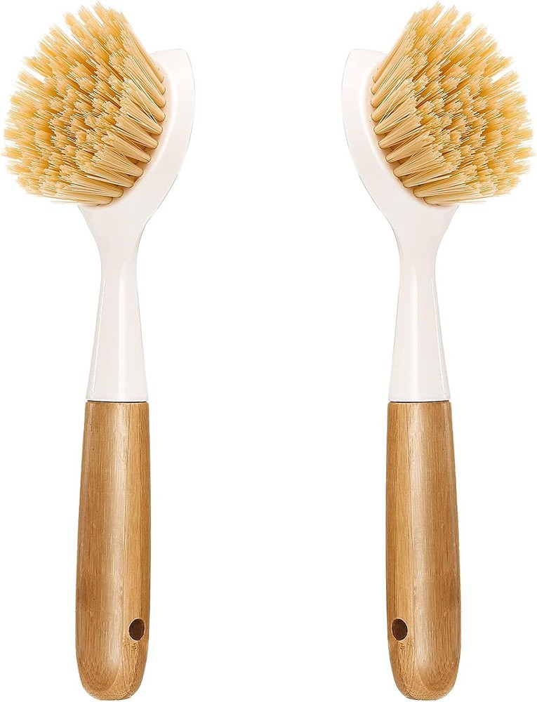 2 Pack Kitchen Dish Brush Bamboo Handle Dish Scrubber Built-in Scraper, Scrub