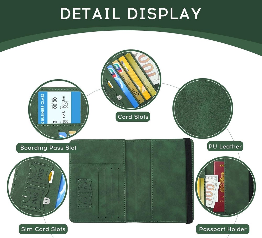 Waterproof RFID Blocking Passport Case - Multi-Functional Travel Accessory Green