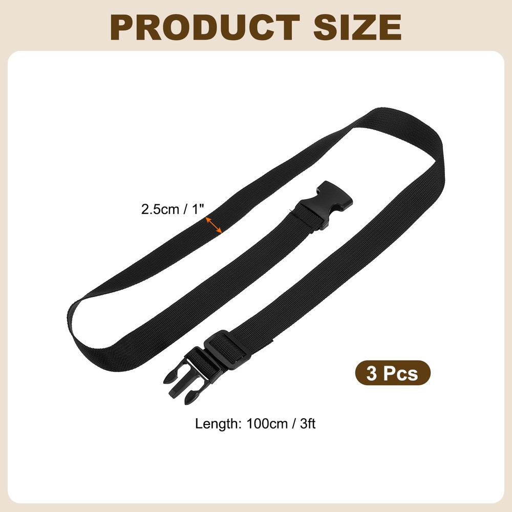 3pcs 1" x 3ft Utility Straps with Quick Release Buckle Adjustable, Black
