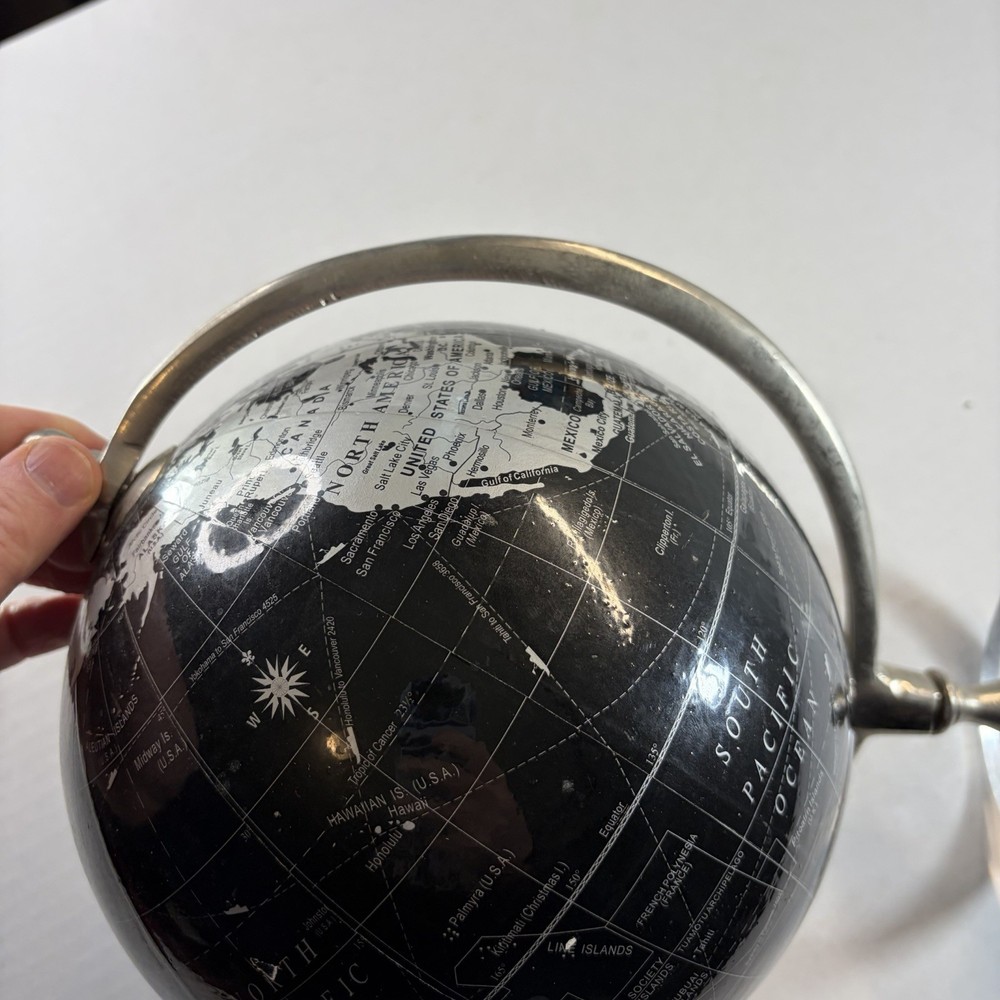 Black Silver Chrome Desktop Globe Decor 12.5" With Clear Stand