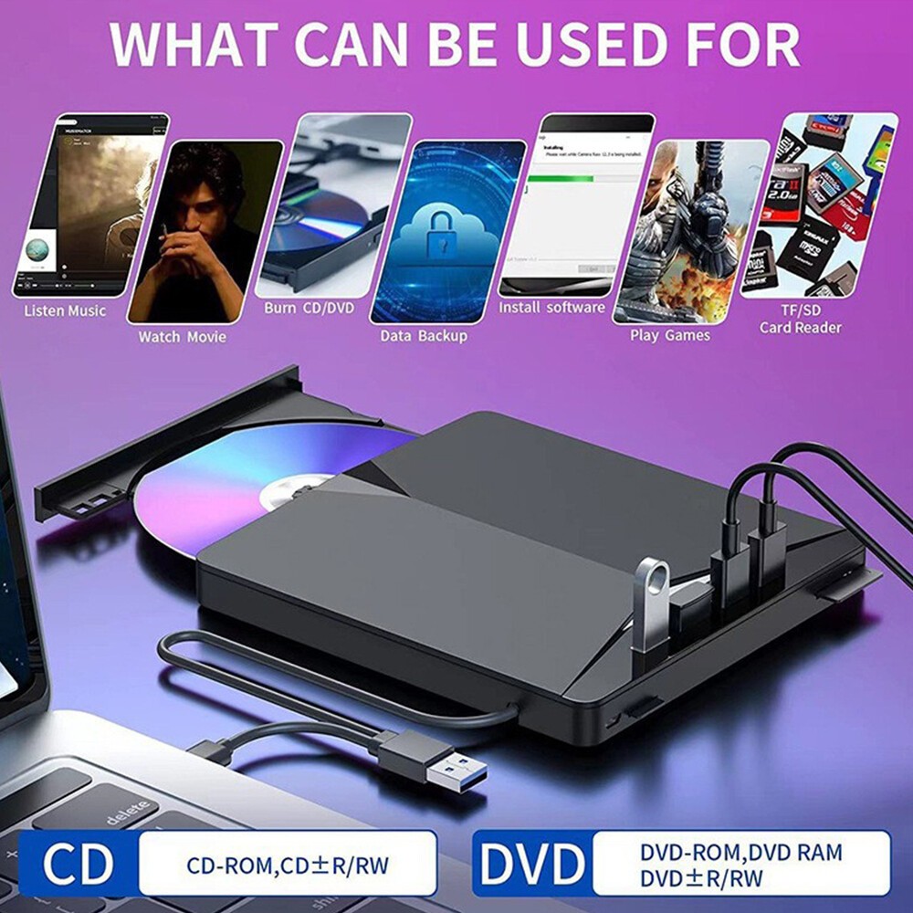 7-in-1 Slim External CD DVD Drive USB 3.0 Reader Writer Burner Player For Laptop