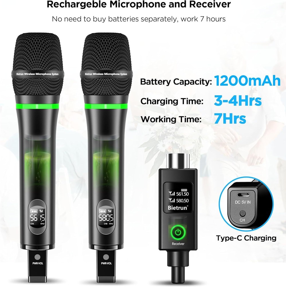 Bietrun XLR Wireless Microphone, Rechargeable Dual Metal Cordless Handheld