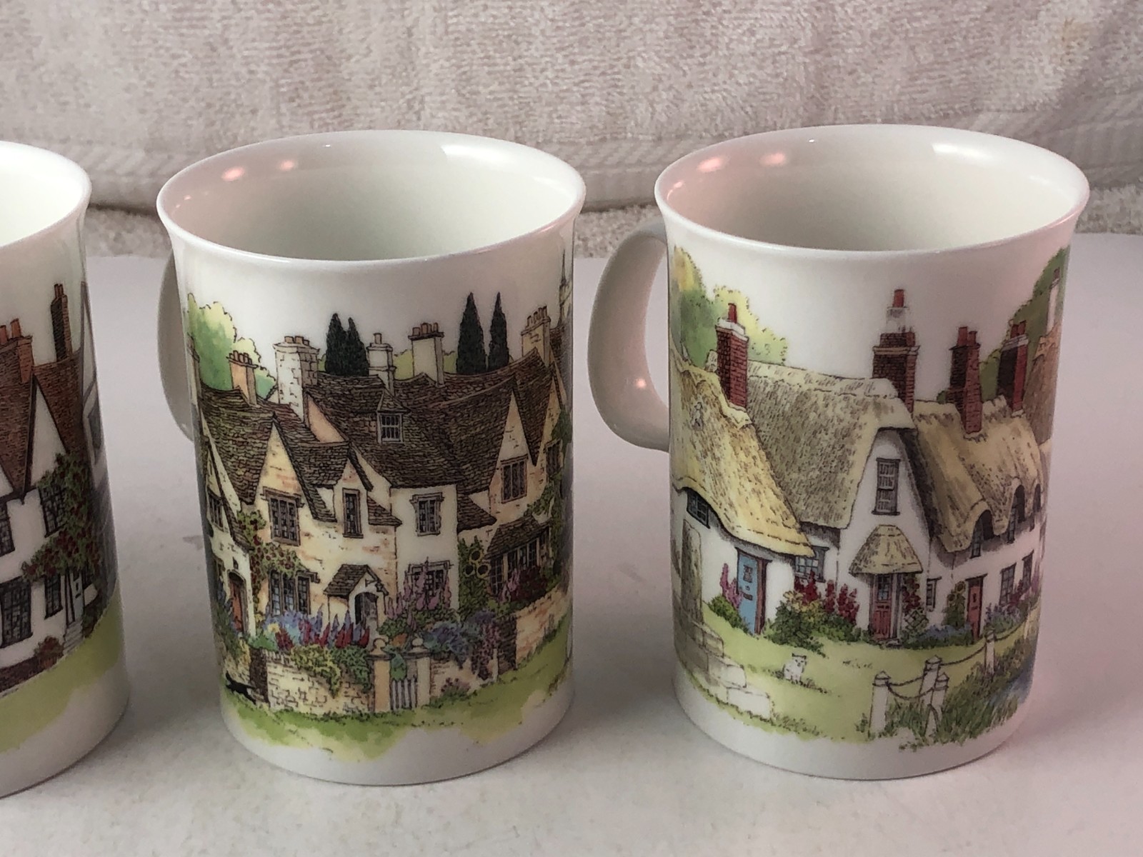 Set of 4 Dunoon Village Greens Bone China Coffee Cups Mugs Sue Scullard England