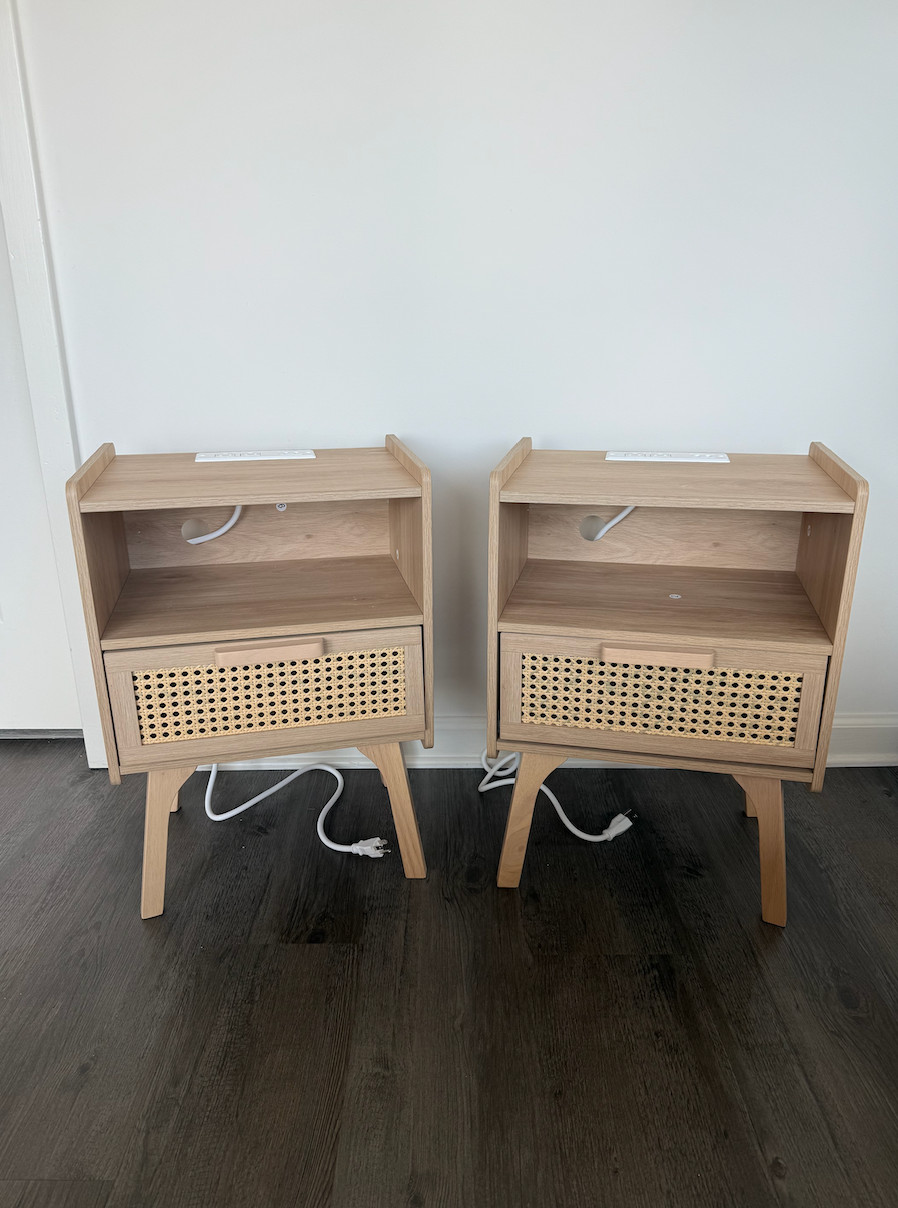 Set of 2 Brand New Night Stands Beige Wood Color Drawer Storage Powered Outlets!