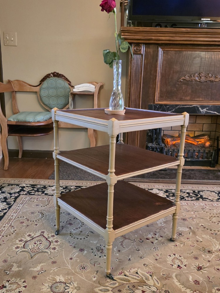 Vintage Rengency Style 3 Tiered Table with Casters Solid Wood