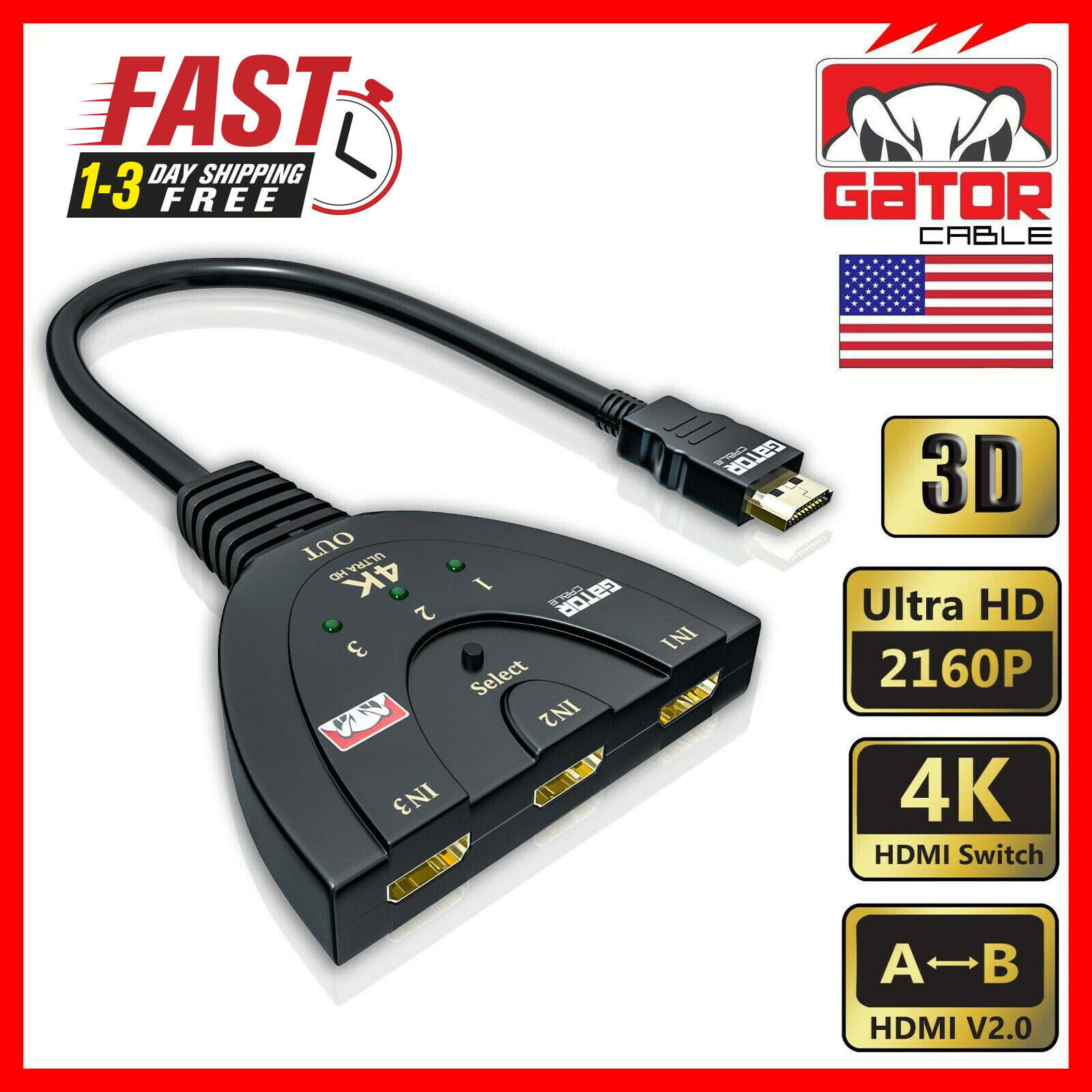 4K HDMI 2.0 Cable Auto Switch Switcher Splitter Adapter 3 In to 1 Out Devices