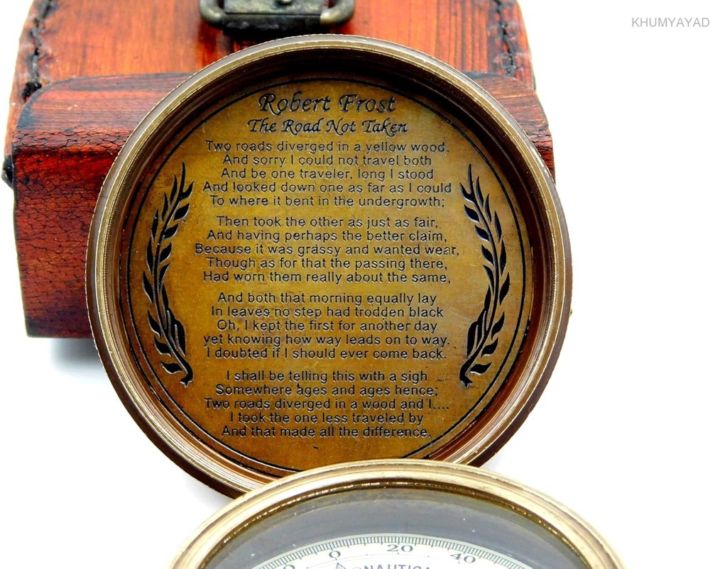 Brass Hand Made Fully Functional Compass with Leather Case & Robert Frost Poem E