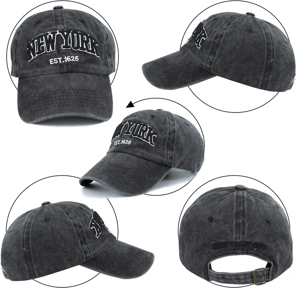 Baseball Hat New-York Distressed-Adjustable-Strapback - One Size, Black