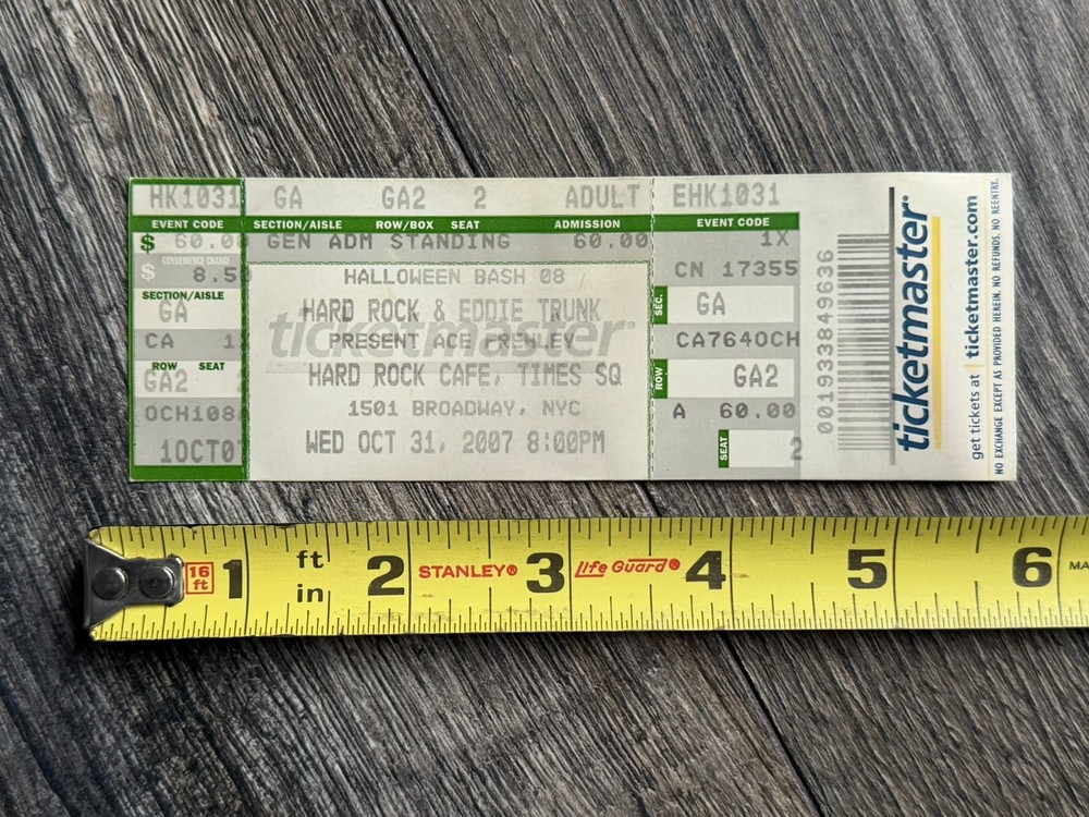 Kiss ACE FREHLEY Full Ticket Stub Halloween Hard Rock Café NYC 2007 Vintage Kiss