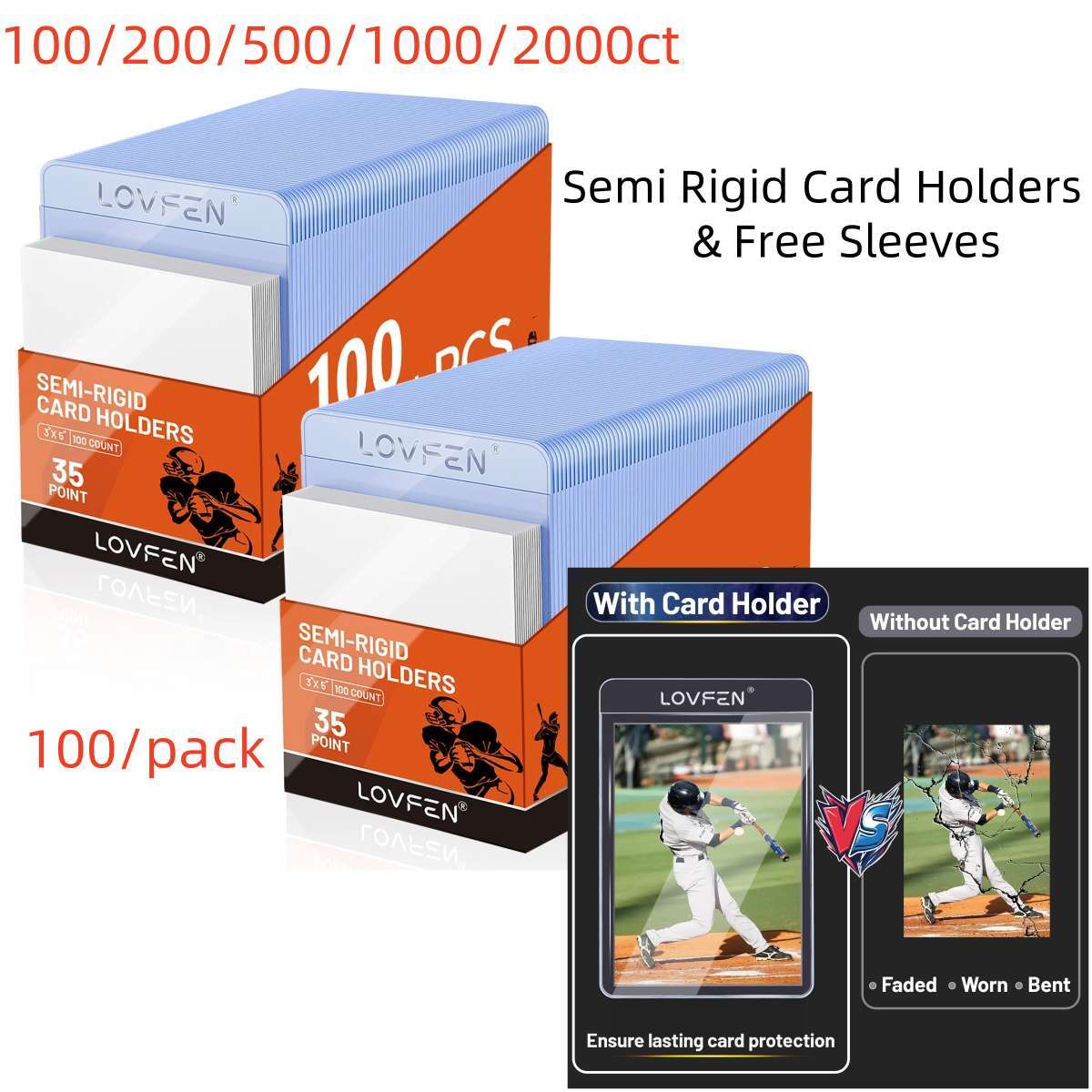 100/200/500/1000CT Semi Rigid Card Holders + Free Sleeves For 35pt Trading Cards