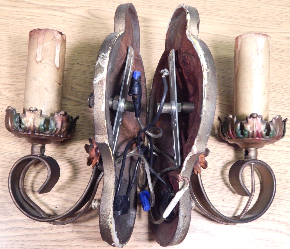 PAIR ART DECO CAST IRON WALL SCONCES POLYCHROMED ORIGINAL
