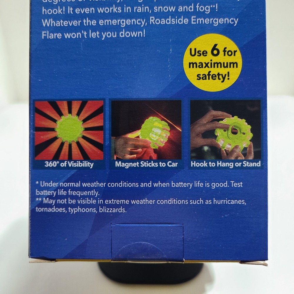 6 Pack Super-Bright Roadside Emergency Flares with 8 Safety Modes.