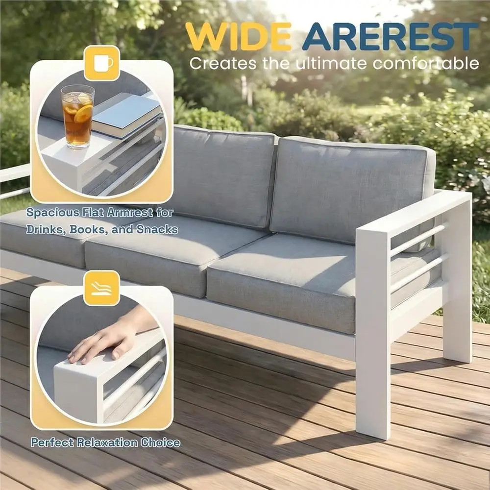 Luxury Oversized Metal Patio Furniture Set Deep Seating Wide Armrests White