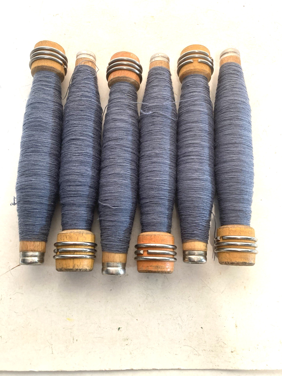 Wrapped Wood Quills, BLUISH GRAY, Bobbins, Spools, Threaded, Textile, lot of 6