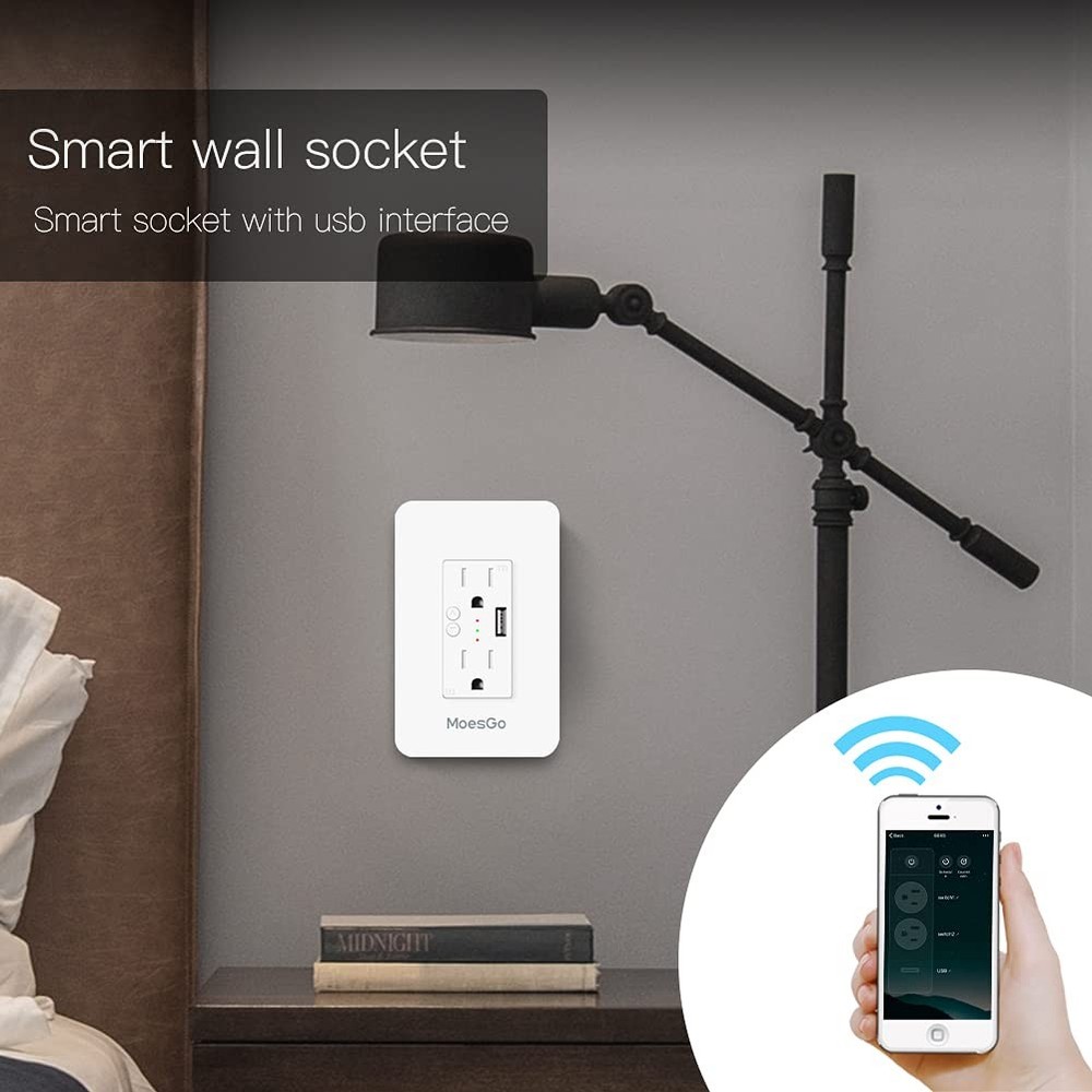 2 Pack Smart Power Wall Outlet with USB, WiFi Socket, 15 Amp Control