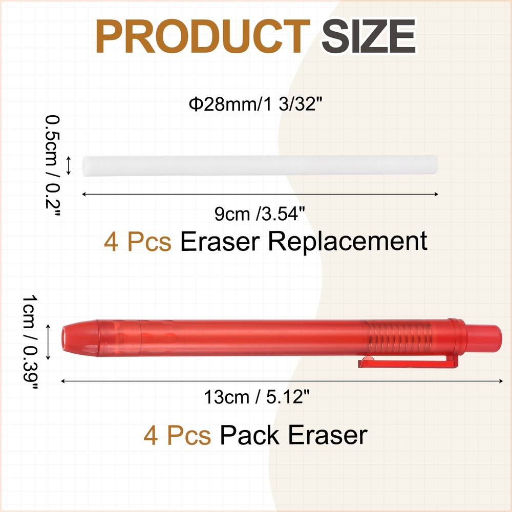 4+4Pcs Retractable Eraser Pen, with 4Replacement Rubber Refill, Red TPE