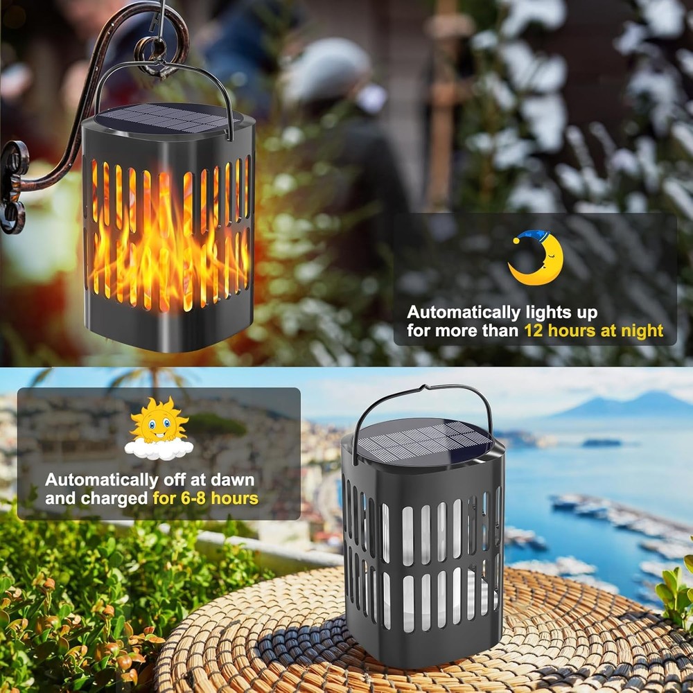 Solar Lanterns Outdoor Waterproof, Flickering Flames 2 pack, Black