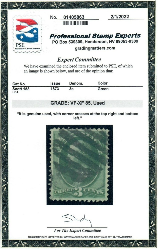 Scott 158 Premium Example PSE Graded VF-XF 85