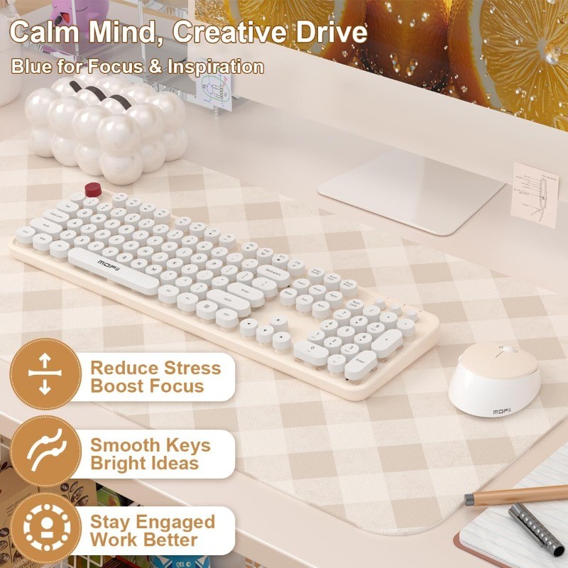 Full-size Wireless Keyboard and Mouse Bundle with OTG & Brush (Creamy)