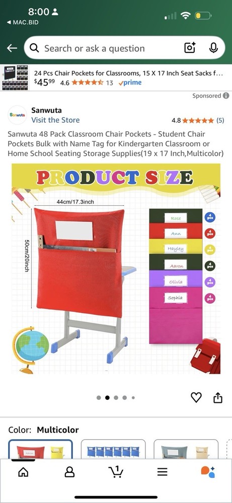 NEW Classroom Seat Sacks for Classroom Chairs 48 Count