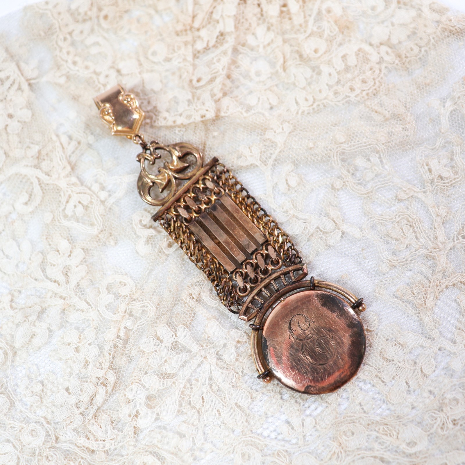 Antique Victorian Gold Filled Initial E Locket Watch Fob Pendant Charm Etched