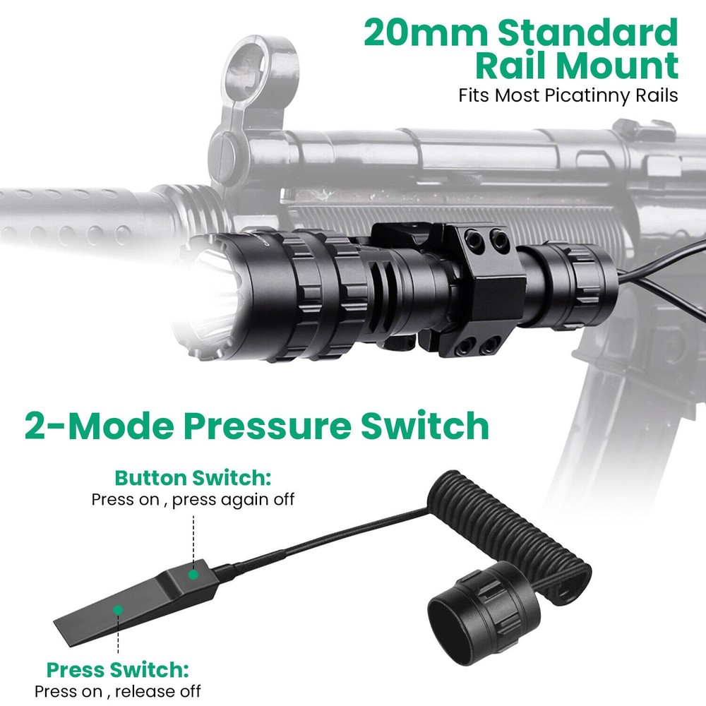 Rechargeable Tactical Flashlight Picatinny Rail Mount 3Modes Zoomable Flashlight