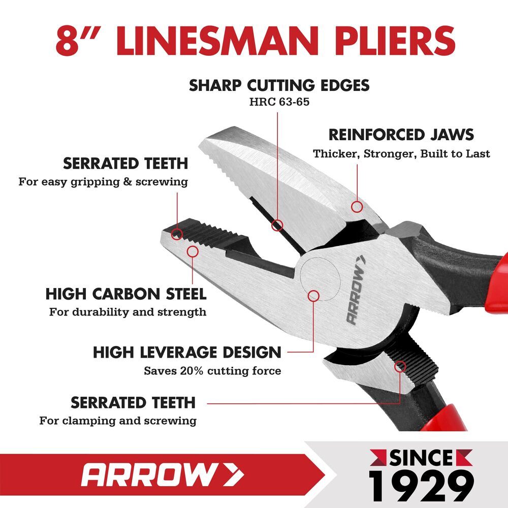 ARROW 8" High Leverage Linesman Pliers Sharp Edge Side Cutters Plier for Cutting