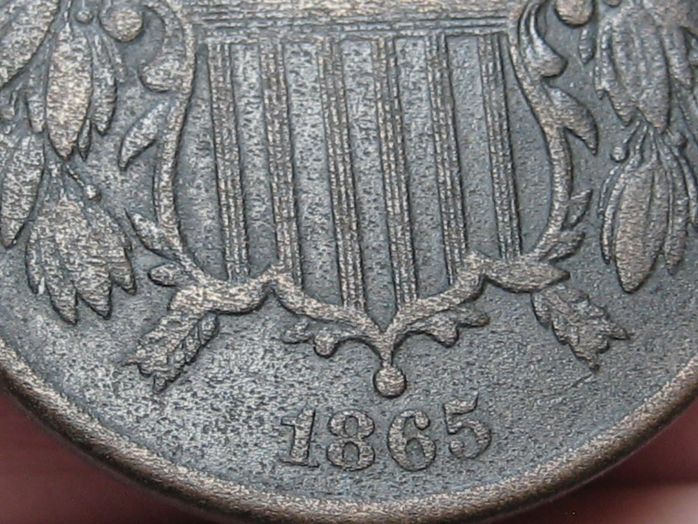 1865 Two 2 Cent Piece- Fancy 5, Partial WE, VF/XF Details