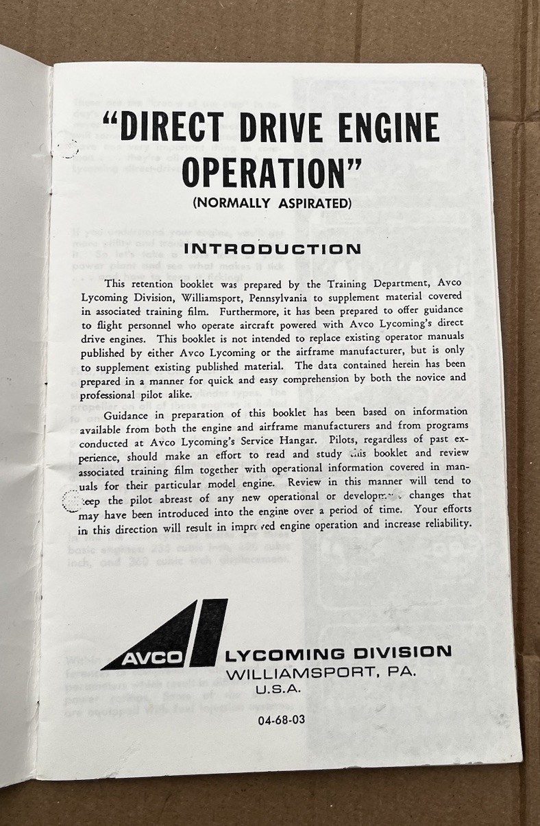 Vintage AVCO LYCOMING "DIRECT DRIVE ENGINE OPERATION" INFORMATION Manual Booklet