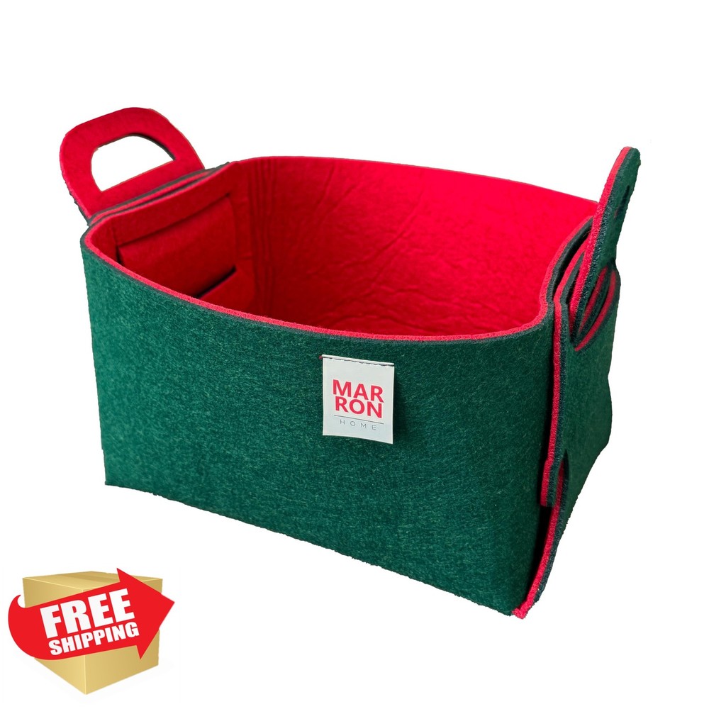 Marrons Felt Storage Bin Medium DEEPGREENRED 11" Foldable Basket Handles