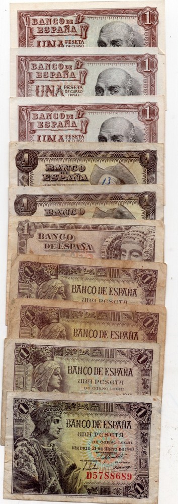 SPAIN LOT 10 NOTES 1 PESETA. 5 DIFF TYPES. SAME IN SCAN. BARGAIN. 6RW 20GEN