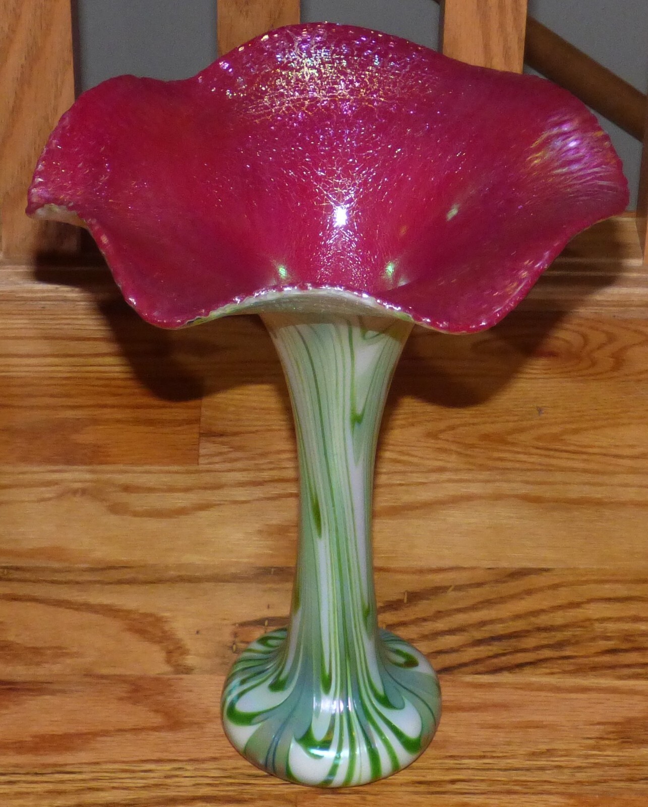 Charles Lotton Aventurine Art Glass Vase 2009 White/Green Pulled Feather 12 1/4"