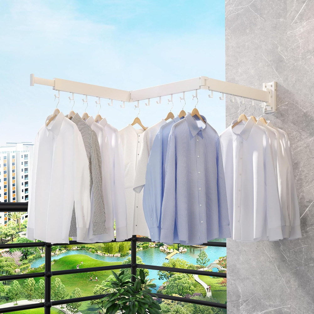 Wall Mounted Tri Fold Clothes Drying Rack Retractable Space Saver White