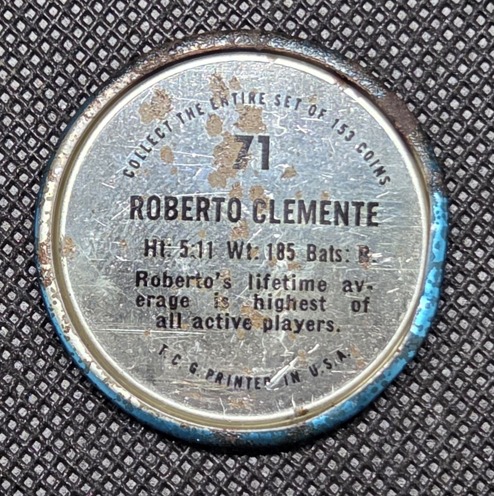 1971 Topps Coin #71- Roberto Clemente HOF Pirates