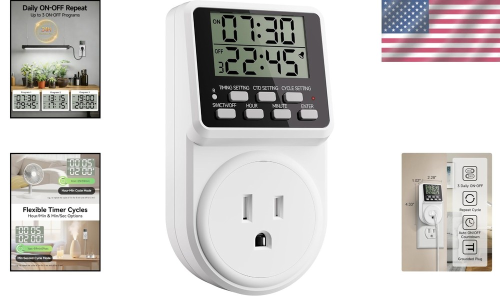 Silent 24-Hour Programmable Timer Switch for Electronics - Safe & User-Friendly