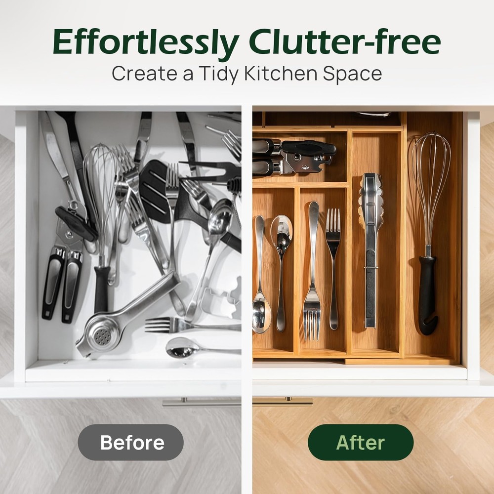 Carbonized Bamboo Kitchen Drawer Organizer, 8-10 Slots Expandable Silverware ...