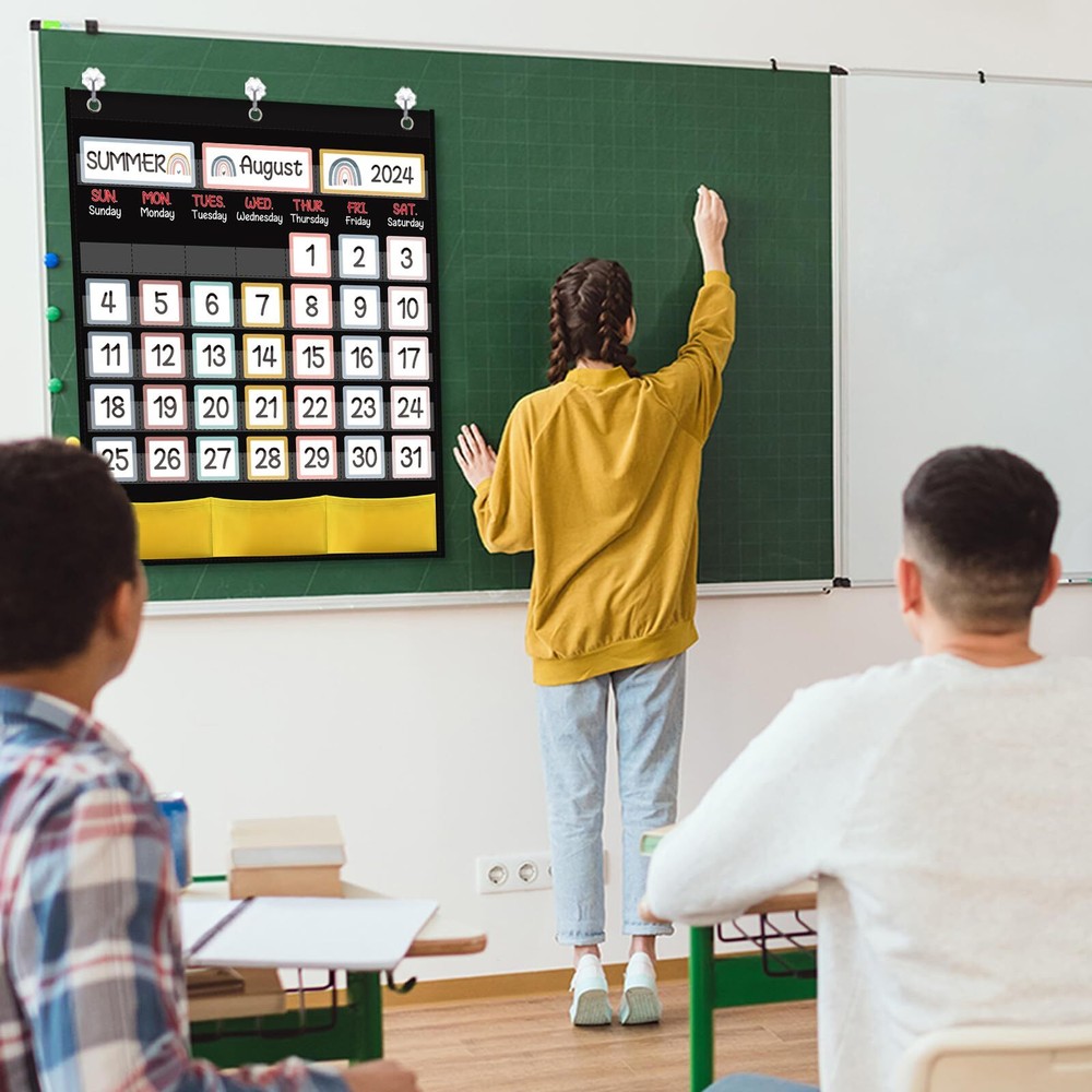 Black Classroom Calendar Pocket Chart 89 Cards Rainbow Theme for Students
