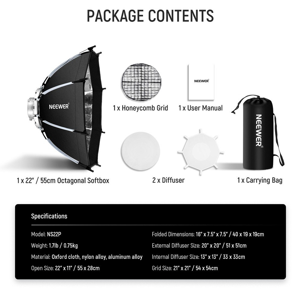 NEEWER NS22PD 22" Octa Softbox - Bowens Mount w/ Grid & Diffuser