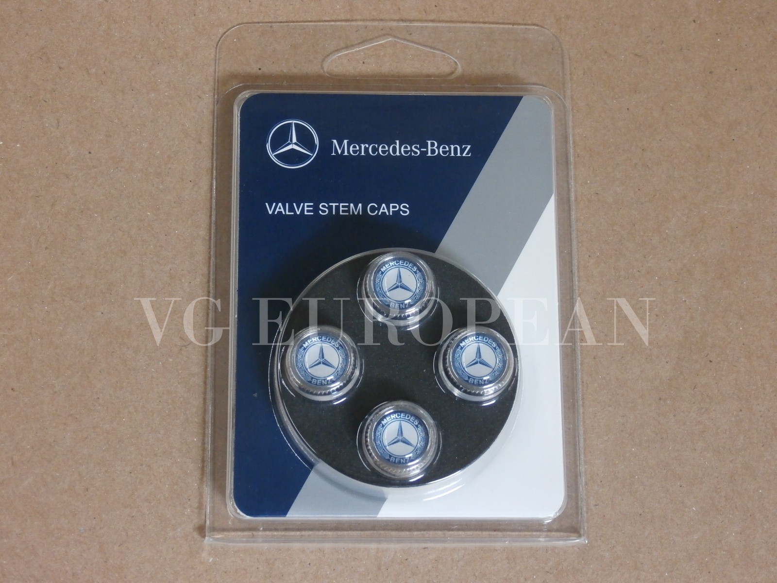 Mercedes-Benz Genuine Tire Valve Stem Cap Set, Laurel Blue Silver Caps NEW