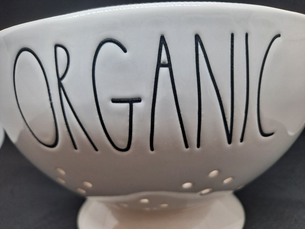 Rae Dunn Colander "Organic" printed on front white ceramic
