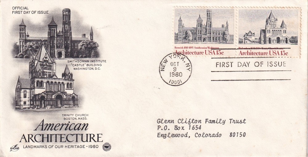 STAMP SCOTT 1838, 1839 "Smithsonian" "Architecture" 15 CENT 1980 FDC - M