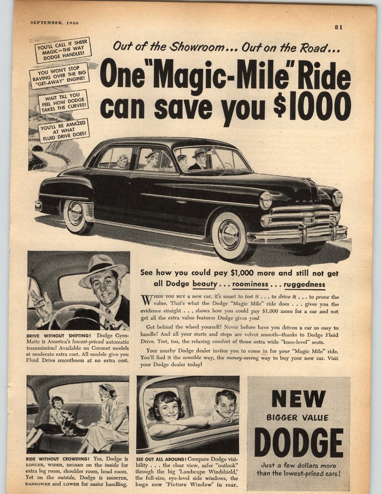 1950 PAPER AD Car Auto Automobile Dodge Magic Mile Ride Landscape Windshield