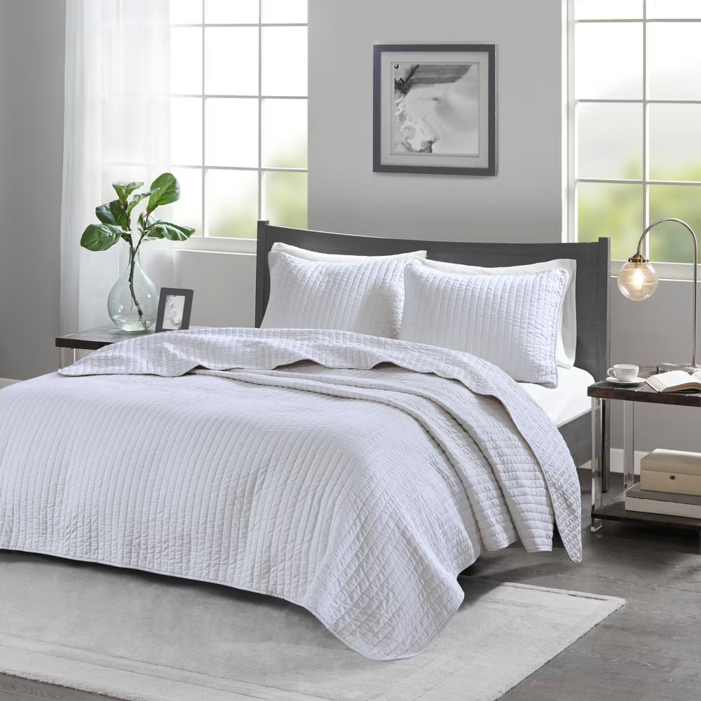 White Khaki Mitchell Solid Brushed Fabric Quilt Set Full/Queen 3pc