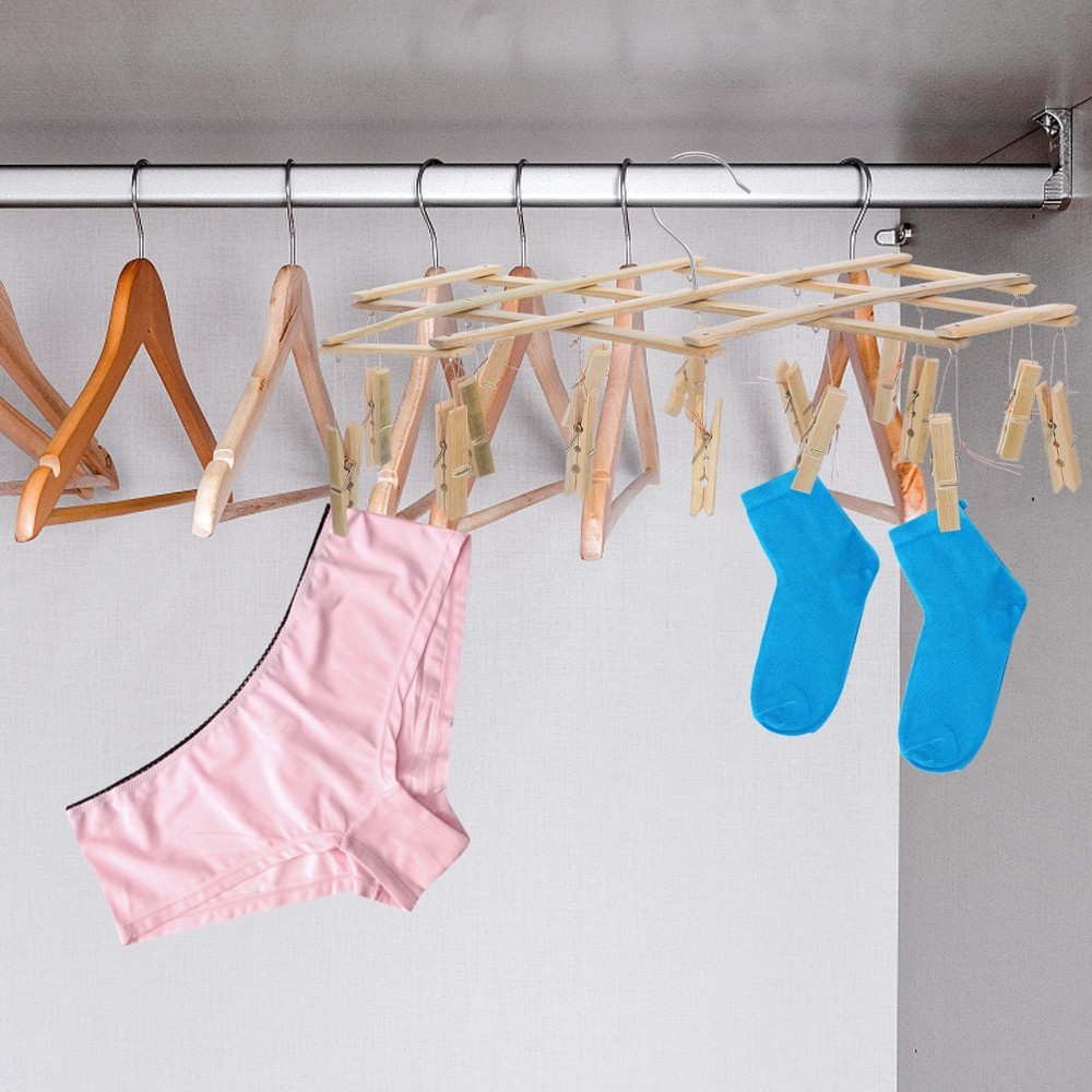 Bamboo Clothes Drying Rack With Multi Functional Peg Hooks