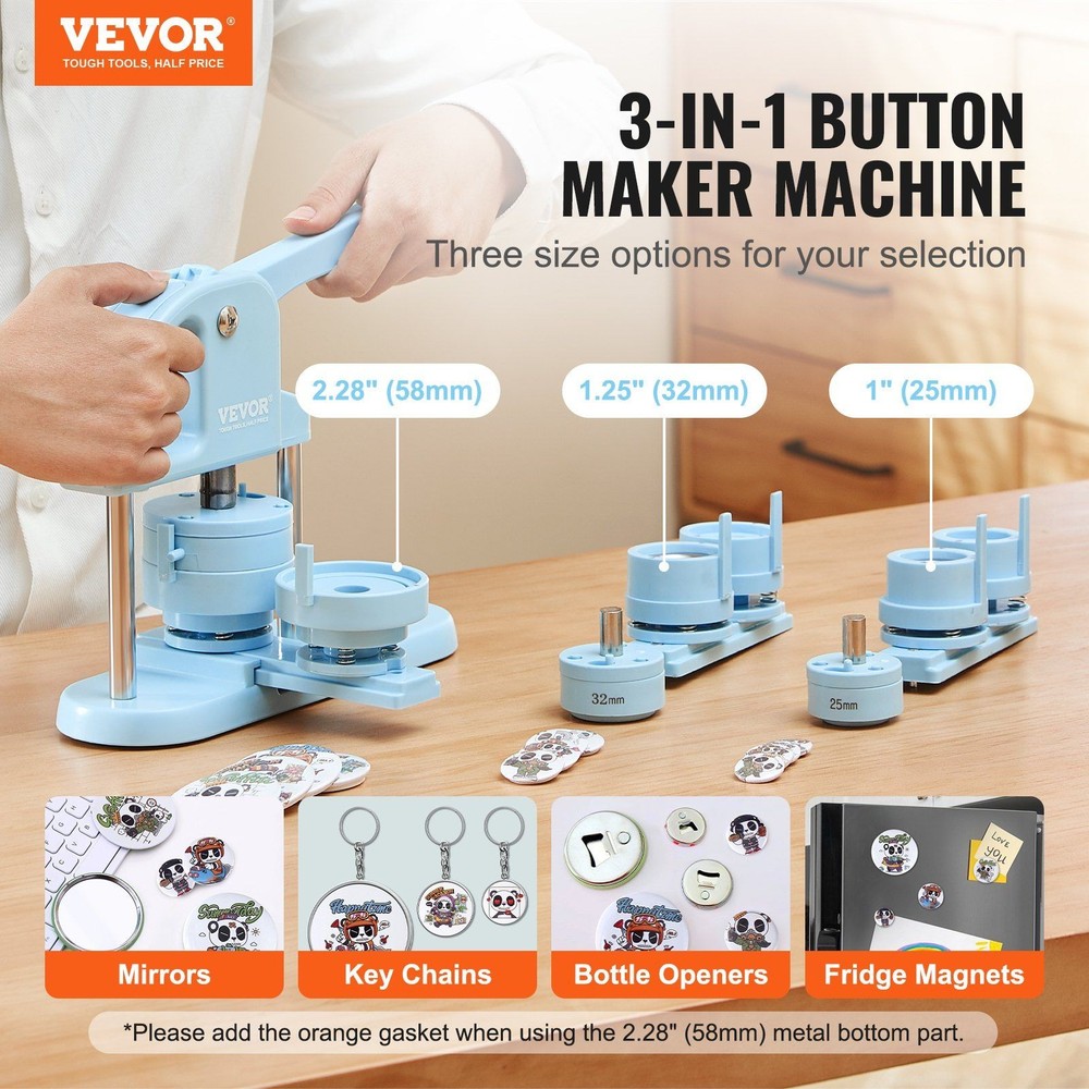 Ergonomic Arc Handle Button Maker 3-in-1 25/32/58mm Press Machine Blue