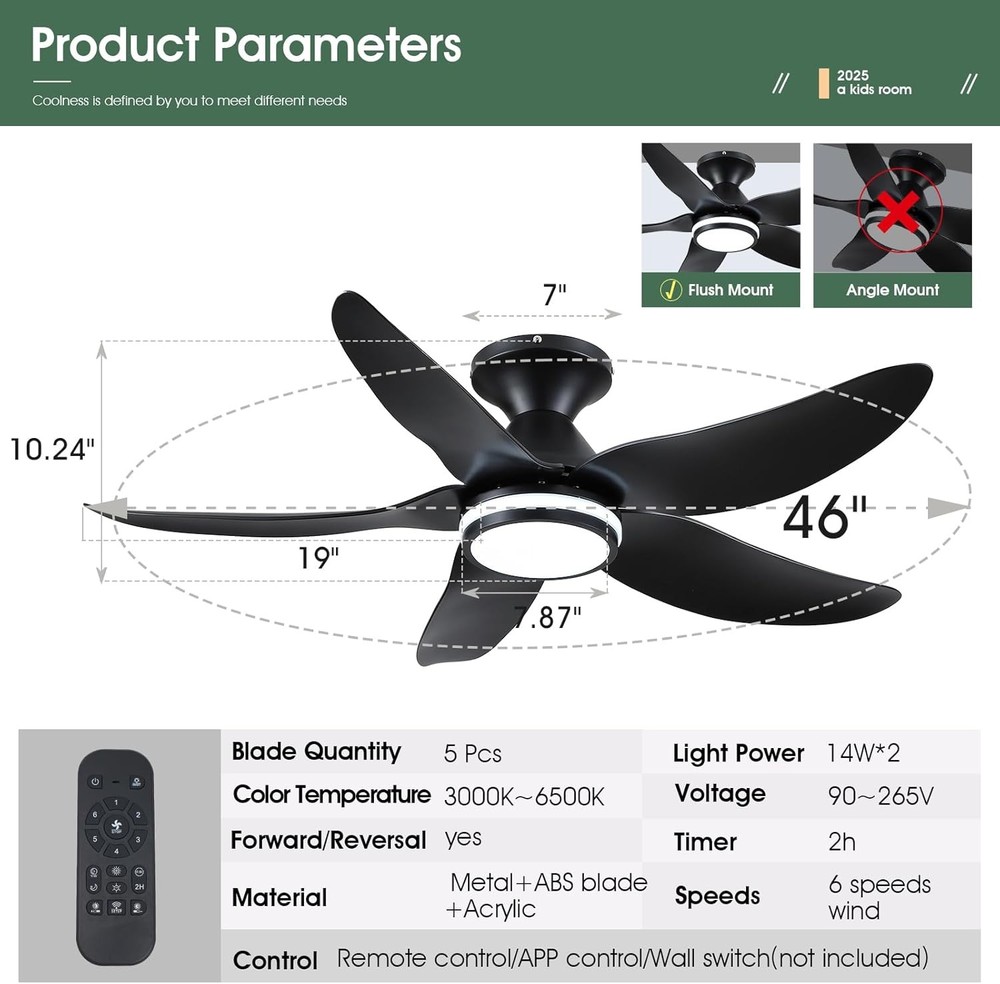 46 inch Ceiling Fans W/ Lights & Remote/APP Control Modern Flush Mount Ceiling