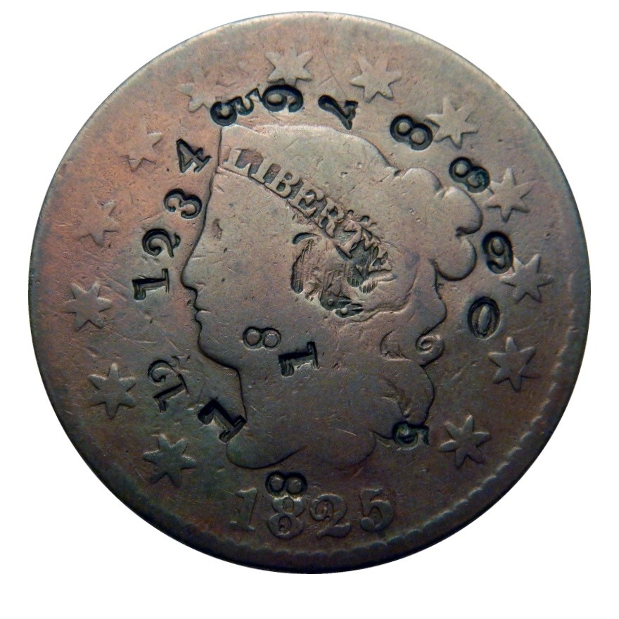 Large cent/penny 1825 quadruple eagle counter stamp unique