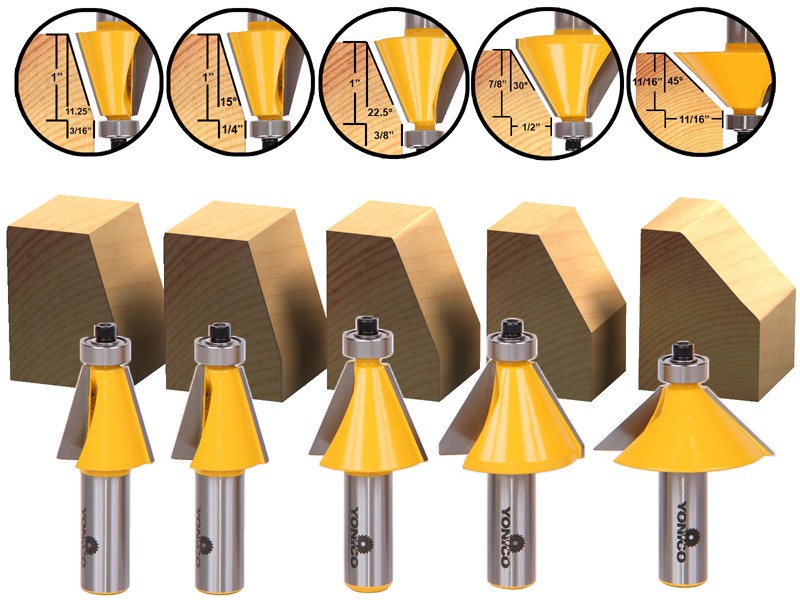 5 Bit Chamfer Edge Forming Router Bit Set - 1/2" Shank - Yonico 13508